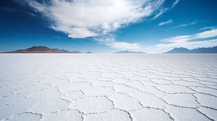 Wide Shot Photo: Expansive Salt Flat Landscape Under a Vivid Blue Sky. AI Generated