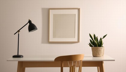 Minimalistic Yet Cozy Interior Design Featuring an Empty Desk, Chair, and Picture Frame for a Tranquil Workspace Atmosphere