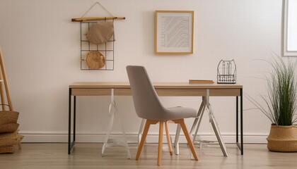 A Minimalistic Yet Cozy Interior Design Featuring an Empty Desk, a Comfortable Chair, and a Charming Picture Frame for a Serene Workspace Atmosphere