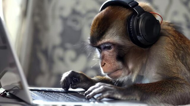 Monkey using a laptop computer while wearing headphones. AI.