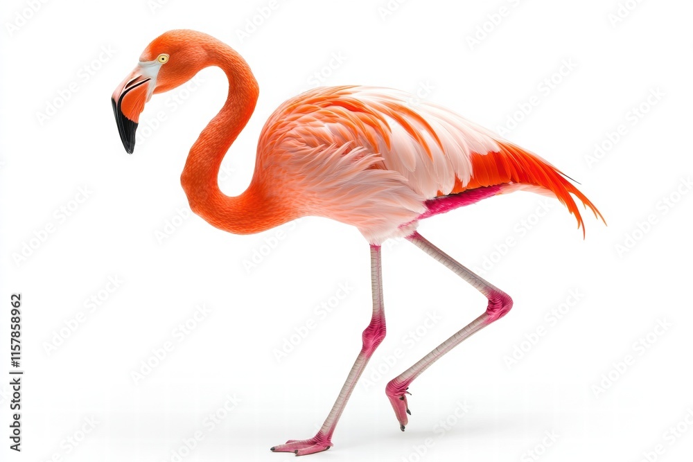 Poster Flamingo standing gracefully on one leg against a bright background with space for text. Generative AI