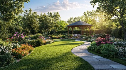 A serene and well-manicured garden featuring a gazebo, stone pathway, and vibrant flowers.