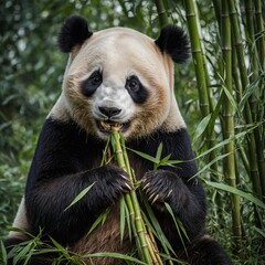 A panda bear munching on bamboo.