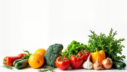 Fresh produce assortment on white background. Colorful vegetables, fruits displayed together. Tomatoes, peppers, broccoli, cucumbers, orange, garlic, onions, herbs. Healthy food concept. Diet,