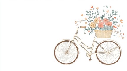Fototapeta premium Vintage bicycle with a basket filled with colorful spring flowers against a blank background for creative uses. Generative AI