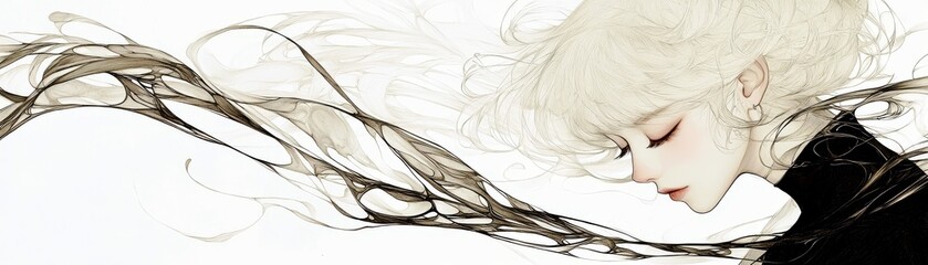 Ethereal Portrait of a Young Woman with Flowing Hair and Delicate Features Embodying Beauty, Serenity, and Grace in a Soft Artistic Style