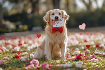 Golden retriever wearing a bow tie holds a love letter in a flower garden during a sunny day