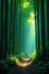 Fototapeta premium Bamboo forest illuminated by soft luminescent glow, night scene, serene atmosphere, soft light