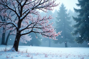 bare tree branches sway in wind, frozen snowflakes gently fall, frost, winter landscape, isolated tree
