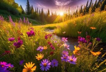 Fototapeta premium lively nature scenes showcasing seasonal diversity flora fauna full bloom, landscapes, seasons, trees, leaves, flowers, sunlight, skies, rivers