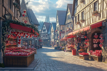 Colorful market street adorned with hearts and flowers in a charming old town during daylight