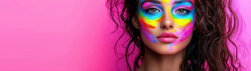 Obraz premium Vibrant Woman with Colorful Face Paint Against Bright Pink Background, Expressing Art and Creativity in Modern Fashion Photography