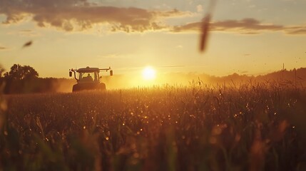 Fototapeta premium Golden Hour Tractor Harvesting Wheat Field Photo: Wide Shot. AI Generated