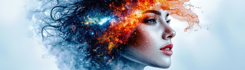 Naklejka premium Surreal portrait of a woman with vibrant cosmic elements blending into her hair, representing creativity, imagination, and the universe's beauty