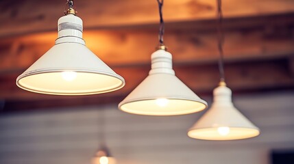 Obraz premium Three white pendant lights hanging from wooden ceiling beams in cozy interior