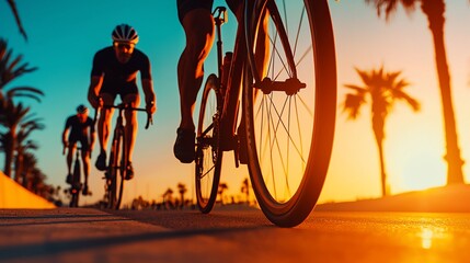 Cyclists riding road bikes at sunset.