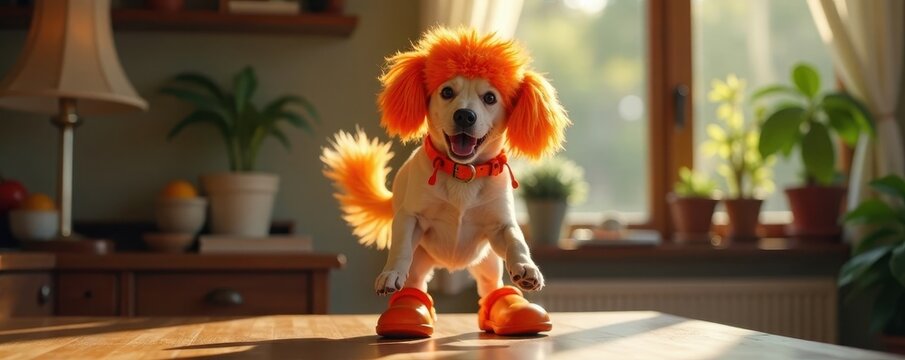 Dog in bright orange wig and oversized shoes dances on table, table dance, animal dancing