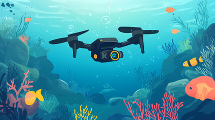 Fototapeta premium Underwater drone uncovering oceanic mysteries dive of discovery with copy space on isolated background. Thalassic. Illustration