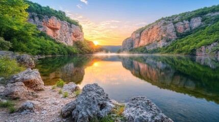 Fototapeta premium Stunning Rocky Cliffs Overlooking a Tranquil Lake
