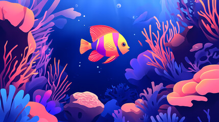 Naklejka premium Vibrant tropical fish swimming in coral reef. Thalassic. Illustration