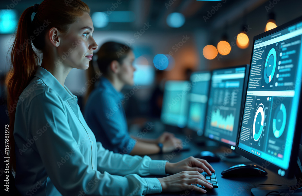 Poster woman focused on computer screen with detailed data analysis in tech office. team of professionals u