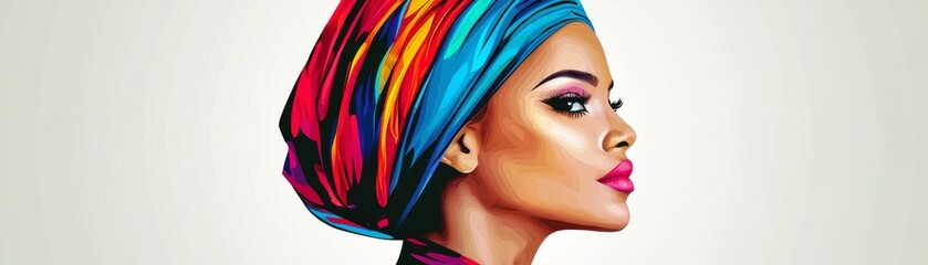 Vibrant Portrait of a Young Woman with Colorful Headwrap Capturing Modern Cultural Elegance and Beauty in a Stunning Artistic Style