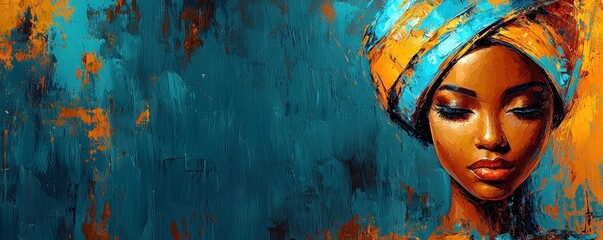 Vibrant Portrait of a Woman with a Colorful Headscarf Against a Bold Abstract Background in Blue and Orange Tones