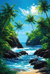 Fototapeta premium vibrant ocean waves crashing rocky shore bright blue water lush green surroundings under clear sky, adventure, aquatic, bay, beach, bubbly, coastal