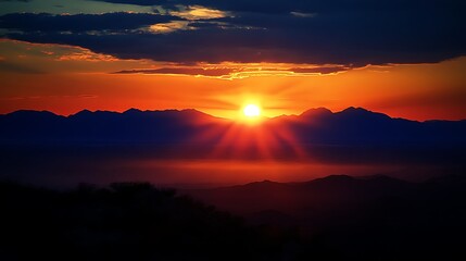 Obraz premium Stunning Wide Shot Photo: Vibrant Sunrise Majestically Illuminating Mountain Peaks. AI Generated