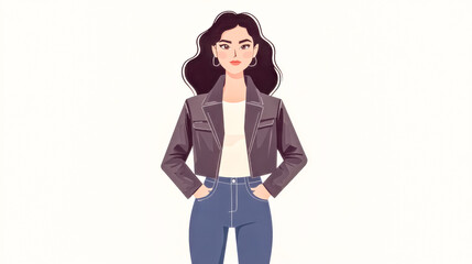 Fototapeta premium Young woman posing with hands in pockets wearing leather jacket and jeans