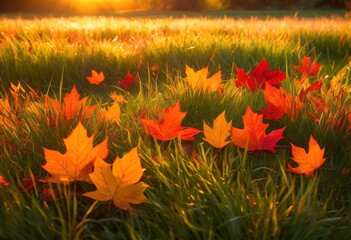 vivid autumn leaves peaceful meadow surrounded lush greenery golden light sunset offering tranquil natural scene, nature, landscape, forest, field, scenery