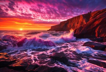 Fototapeta premium dynamic waves capture coastal serenity bestab roberts sunset, beach, ocean, water, sky, horizon, scenic, reflection, light, colors, clouds, nature