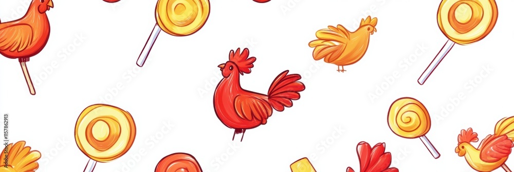 Poster Vibrant rooster lollipops in playful design with colorful details and ample space for text. Generative AI