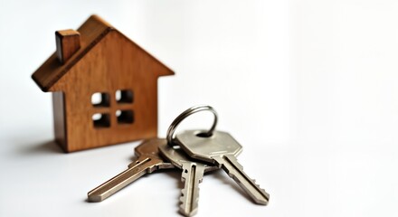 House keys, small wooden house model. Keys rest on white background. Real estate theme. Buy rent property. Homeownership concept. New house. Estate buying selling. Keys symbolise entry. Ideal for