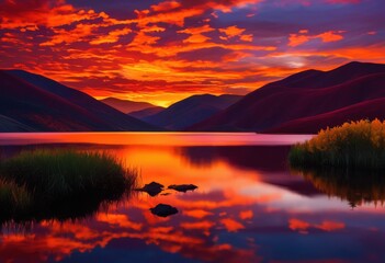 Fototapeta premium breathtaking vibrant sunset over rolling hills reflecting serene lakes striking colors natural beauty, landscape, sky, clouds, light, reflection, nature