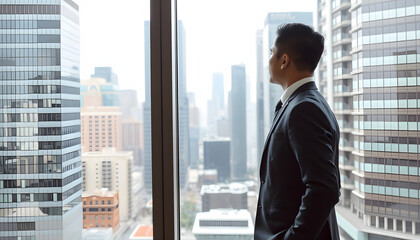 Successful businessman in suit standing in office looking through window at big city buildings, asian style. isolated with white highlights