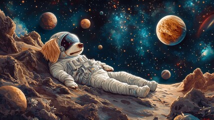 dog astronaut on rocky planet with stars and planets.