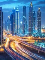 Fototapeta premium Cityscape with skyscrapers and a highway filled with light trails..
