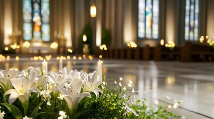 religious easter decor, tranquil easter church setting, adorned with radiant candles, delicate lilies, and colorful stained glass windows