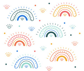 Seamless childish doodle pattern with rainbows. Applicable for textile, decoration, wallpaper, fabric, wrapping, apparel design