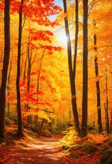 Obraz premium vibrant autumn foliage decorates tranquil forest landscape glowing leaves warm colors every direction, trees, branches, nature, beauty, sunlight, scenery