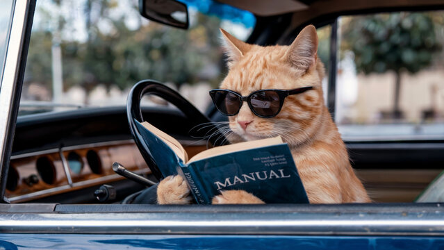 Cool cat in sunglasses reads a manual while driving...