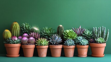 Small cacti and succulents in terracotta pots.