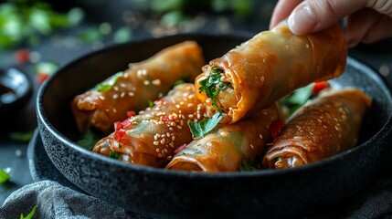 A hand picking up a spring roll from a bowl of spring rolls.