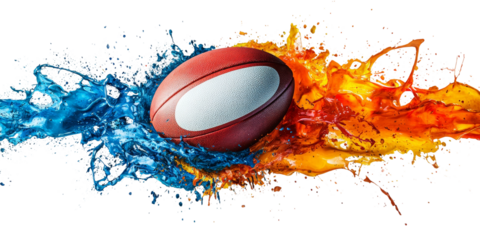 Dynamic Rugby Ball inSplash of Water Isolated on transparent background