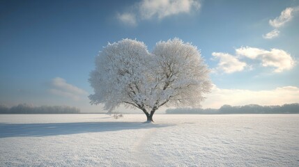 Heart-shaped snow-covered tree in winter landscape under blue sky. The 14th of February. Happy Valentine's Day
