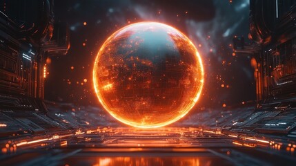 A glowing orb resembling a star, set in a futuristic environment with glowing details.