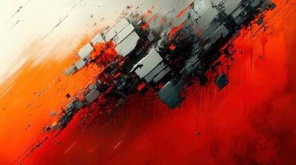 Dynamic abstract composition with angular, chaotic black and metallic gray lines intersecting on vibrant orange and red gradients, creating a fractured and energetic modern art aesthetic. Background