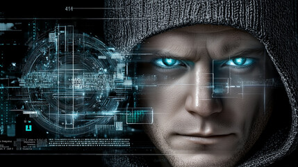 Close-up portrait of a man with piercing blue eyes and a digital overlay..