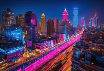 Naklejka premium dynamic city skylines twilight illuminated vibrant colorful city lights stunning urban landscape, buildings, architecture, evening, illumination, night